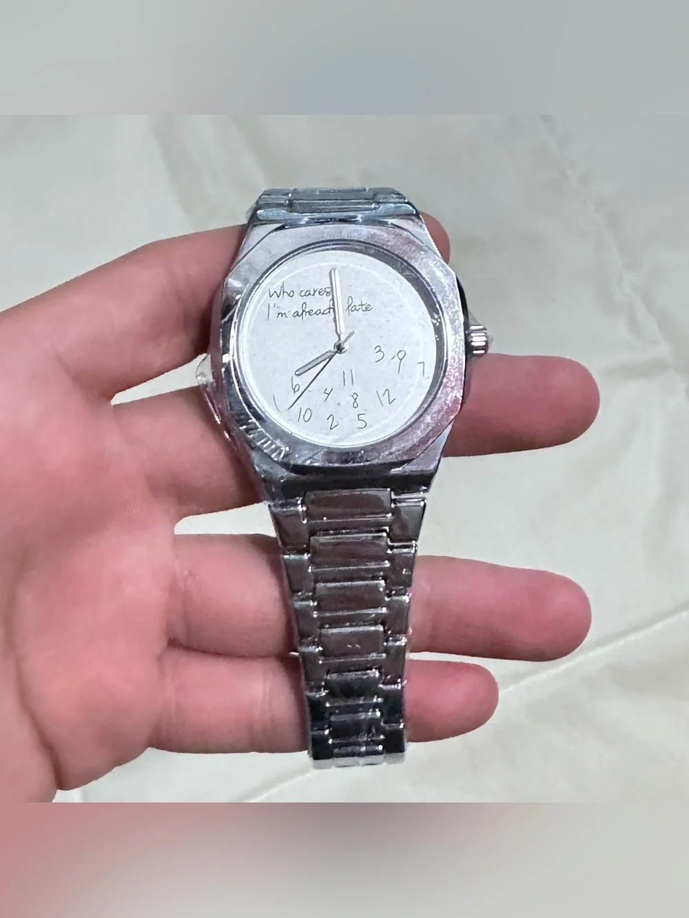 Silver Stainless Steel Novelty Watch - 'Who Cares I'm Already Late'